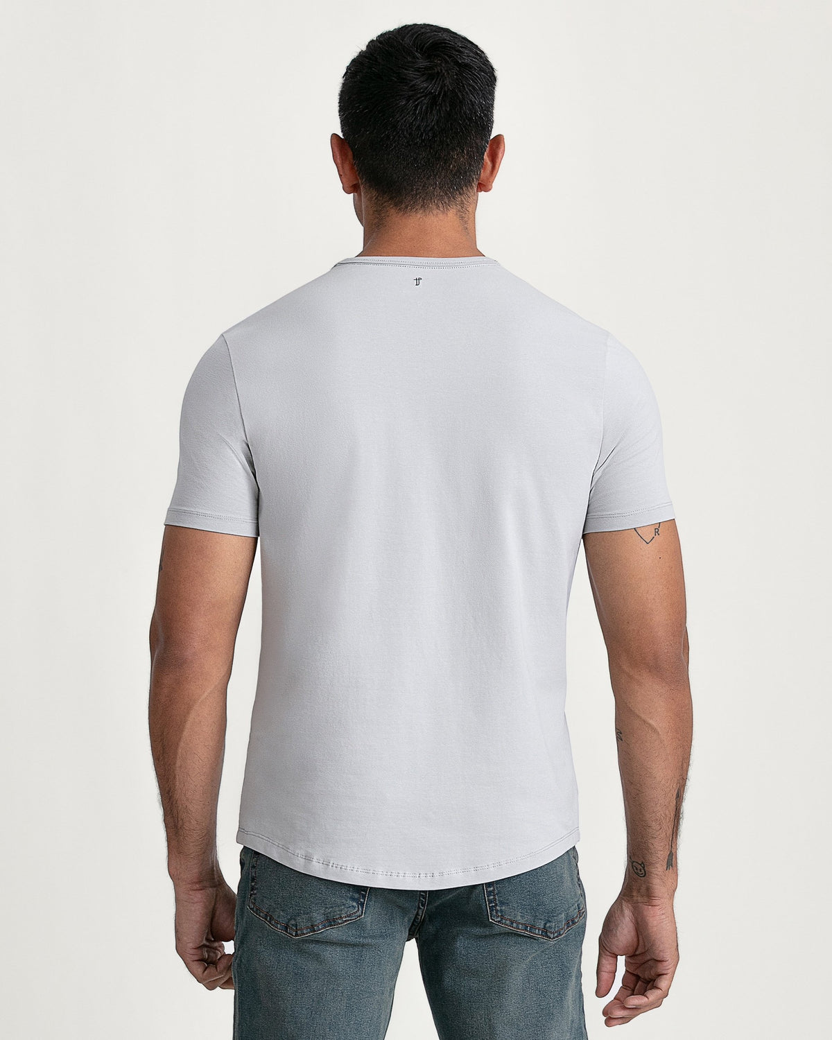 Light grey crew neck t-shirt with short sleeves, shown on back view.
