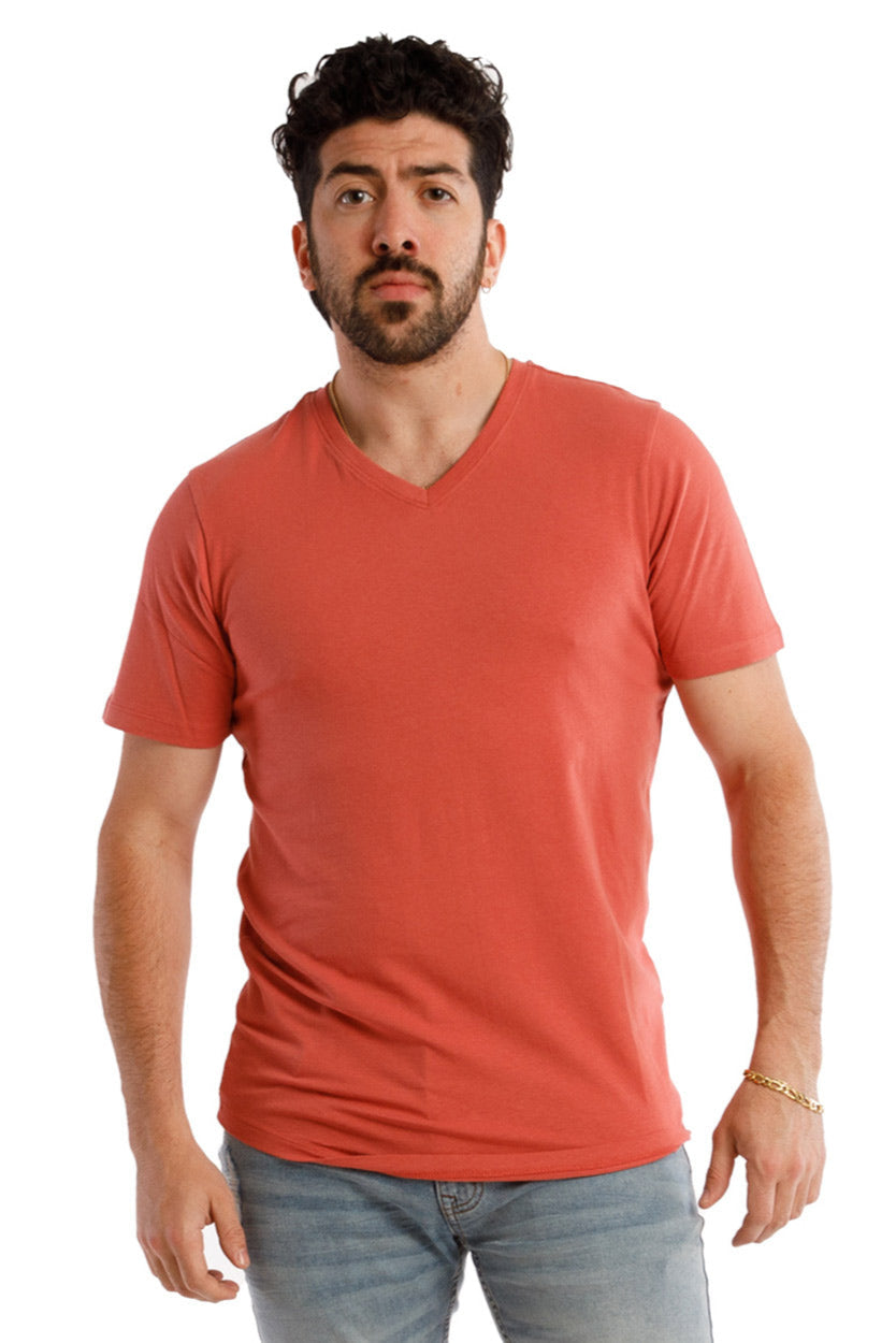 Man wearing Organic V-Neck T-Shirt from 3 Pack Americana, showcasing a relaxed fit with a slightly curved hem, made from soft, stretchy organic cotton.